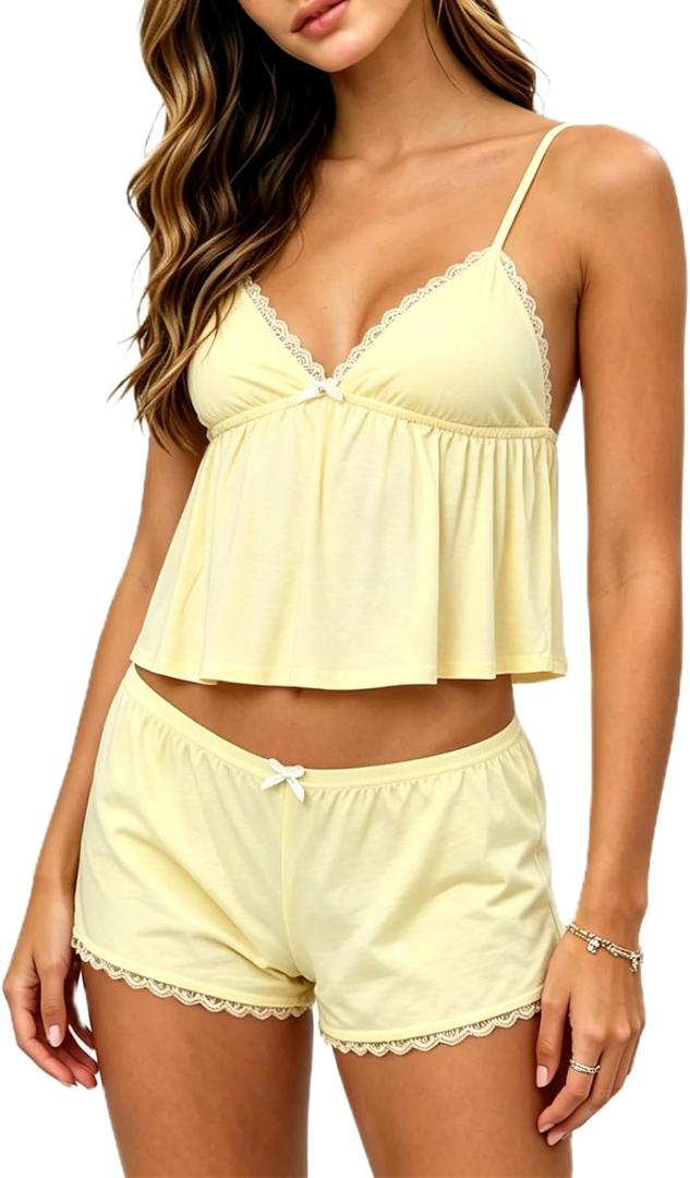 XBTCLXEBCO Lace Pajama Sets for Women 2 Piece Sexy Sleeveless Cami Tank Top and Shorts Pj Set Y2K Matching Lounge Sleepwear (Yellow, M)