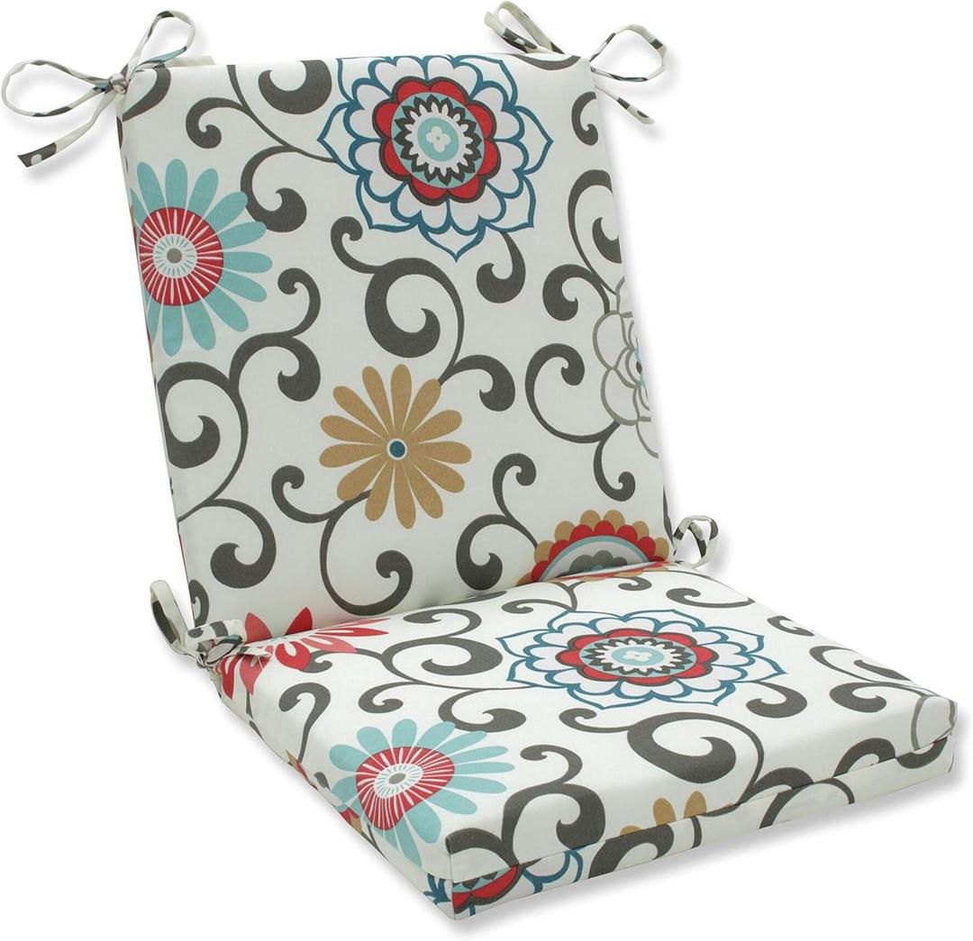 Pillow Perfect Floral Indoor/Outdoor Solid Back 1 Piece Chair Cushion with Ties Squared Corner, Deep Seat, Weather, and Fade Resistant, 36.5" x 18", Blue/Brown Pom Pom Play