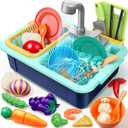Play Sink with Running Water 11.8 x 8.3 x 8.7 inch, Geyiie Kitchen Sink Toys for Kids Toddlers with Automatic Water Cycle System, Cutting Food, Pretend Role Playset Gift Toys for Girls Boys