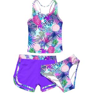 uideazone Girls 3 Piece Bathing Suit Summer UPF 50+ Racerback Swimsuit with Shorts Beach Tankini Sets 8-16 Years (Purple)