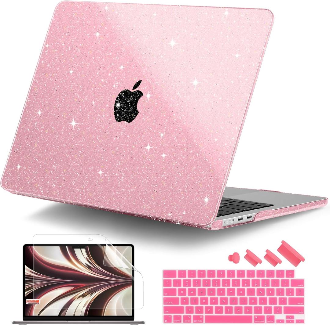 DONGKE Compatible with MacBook Air 13 inch Case M5 M4 M3 M2 2026 2025 2024-2022 A3449 A3240 A3113 A2681, Glitter Bling Plastic Hard Shell & Keyboard Cover for MacBook Air 13.6 inch, Sparkly Pink