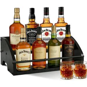 Wooden Liquor Bottle Display Shelf, Coffee Syrup Rack Organizer, 2 - Step Countertop Wine Rack, Rustic Mini Bar Cabinet, Home Retro Bar Shelf Stand for Liquor Whiskey, Spirits (Black)