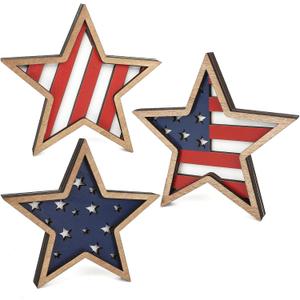 COCHIE 4th of July Decorations Wooden Stars, Patriotic Memorial Day Star Tiered Tray Decor Set of 3, Fourth of July Red White Blue Decoration for Home Office Table Shelf (Flag Hollow)