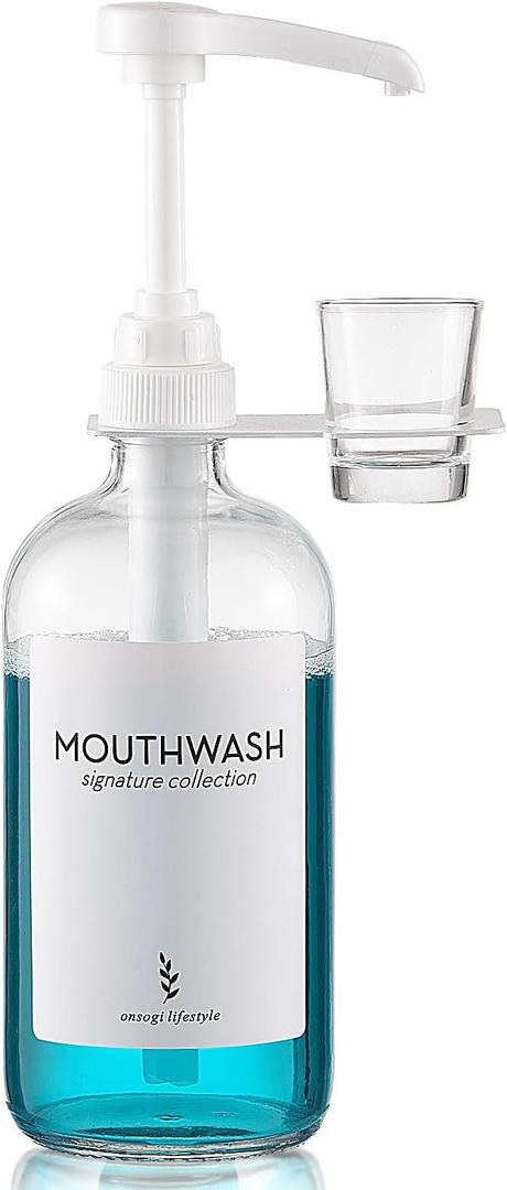 Glass Mouthwash Dispenser with Cup Holder and Pump, 16 Oz Rustic Boho Mouthwash Dispenser for Bathroom Farmhouse Decor - 1 Pack Clear