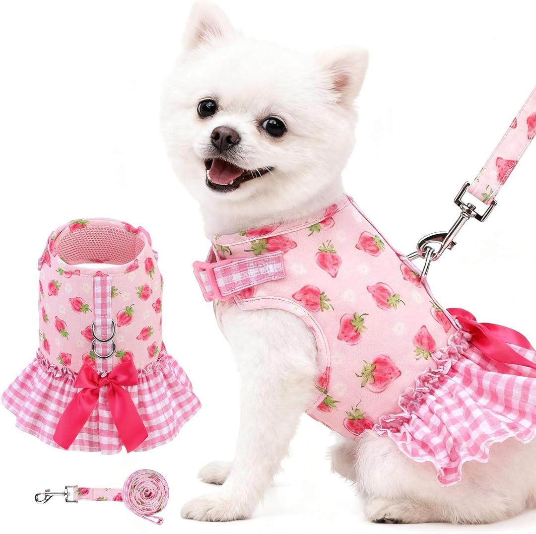 EXPAWLORER Dog Harness Small Medium Sized Dogs, Plaid Dog Dress Bowknot Harness and Leash Set, No Choke No Pull Soft Mesh Vest Cute Princess Puppy Outfits Clothes Costume for Girls Party Cats Pink XS (XSmall(Chest Girth 10" - 12.5"))