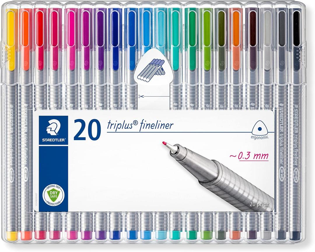 STAEDTLER Triplus Fineliner Pens, .3mm, Metal Clad Tip, 20-Pack, Assorted (334SB20BK) (20 Count (Pack of 1))