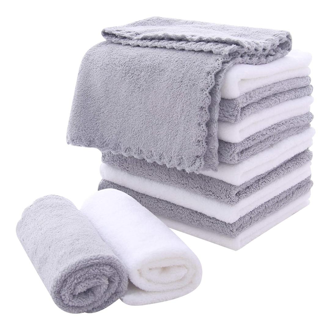 MOONQUEEN Microfiber Facial Cloths Fast Drying Washcloth 12 Pack - Premium Soft Makeup Remover Cloths - Highly Absorbent (White-grey)