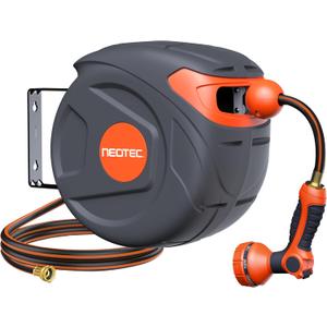 Retractable Garden Hose Reel 1/2" x 50 ft 9 Pattern Nozzle Any Length Lock Wall-Mounted Automatic Slow Return 180° Swivel UV Resistant Heavy Duty Hose Reels for Outside