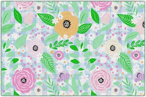 Flagship Carpets Pretty in Pastel Floral On Gingham Educational Area Rug for Kids Room, Children's Classroom Rug for Teaching and Playroom, 5' X 7'6"