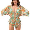 COZYEASE Women's 2025 Summer 3 Piece Swimsuits Tropical Print Bikini Set Halter Drawstring Bathing Suits with Cover Up Orange Small