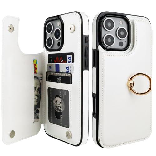 ONETOP for iPhone 16 Pro Max Wallet Case with Card Holder, 360° Rotation Ring Kickstand RFID Blocking PU Leather Double Magnetic Clasp Shockproof Cover for Women and Girls 6.9 Inch (White)
