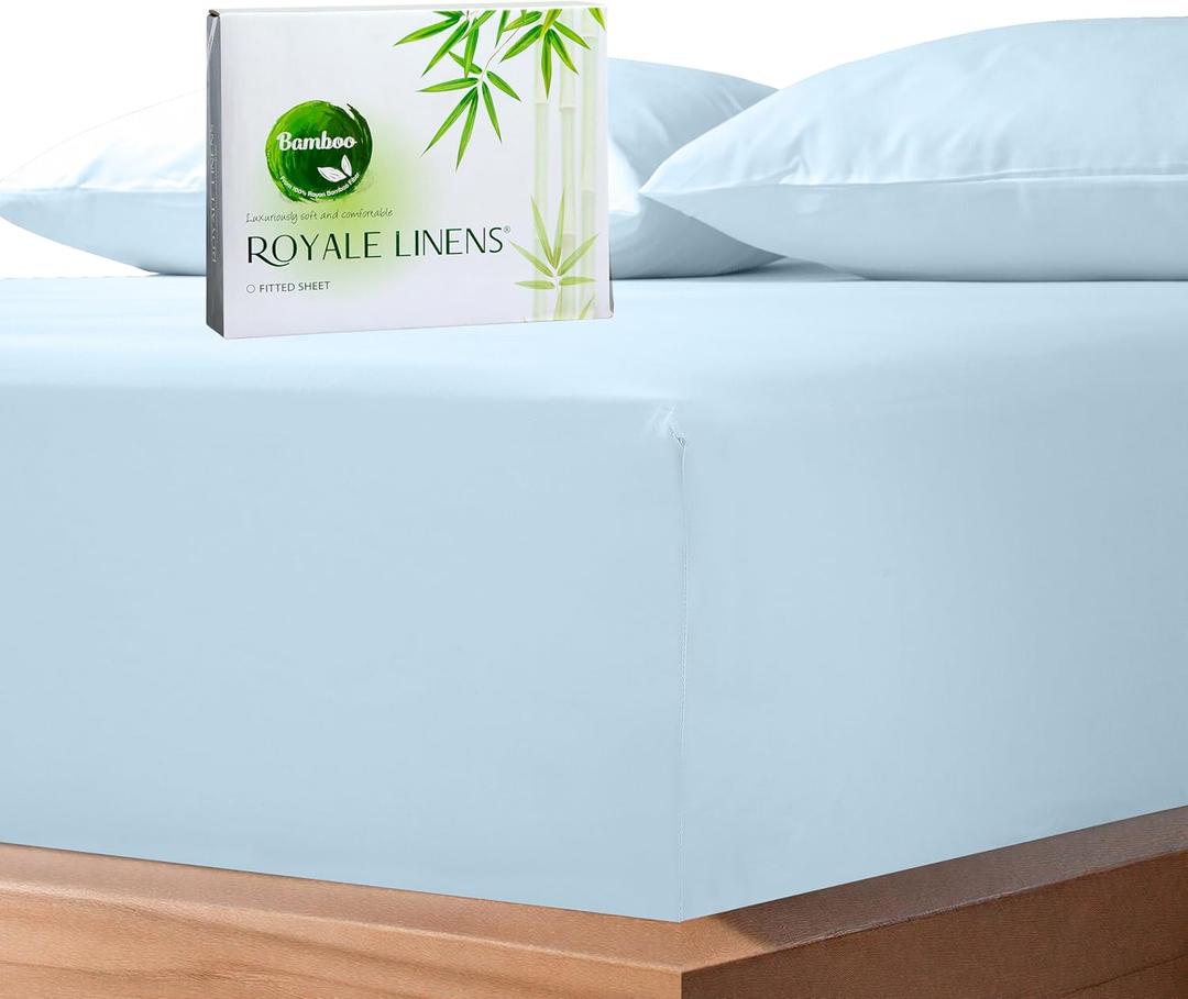 Royale Linens Rayon Derived Bamboo Viscose Fitted Sheet Only - Cooling Fitted Sheets for Bed - Deep Pocket Up to 16" - Organic Viscose Derived from Bamboo - Breathable Bottom Sheet (Lake Blue, King)