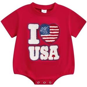 COORALLY 4th of July Outfit Baby Girls Boys Short Sleeve Crew Neck Letter Embroidery Bubble Romper Bodysuit 3-6M