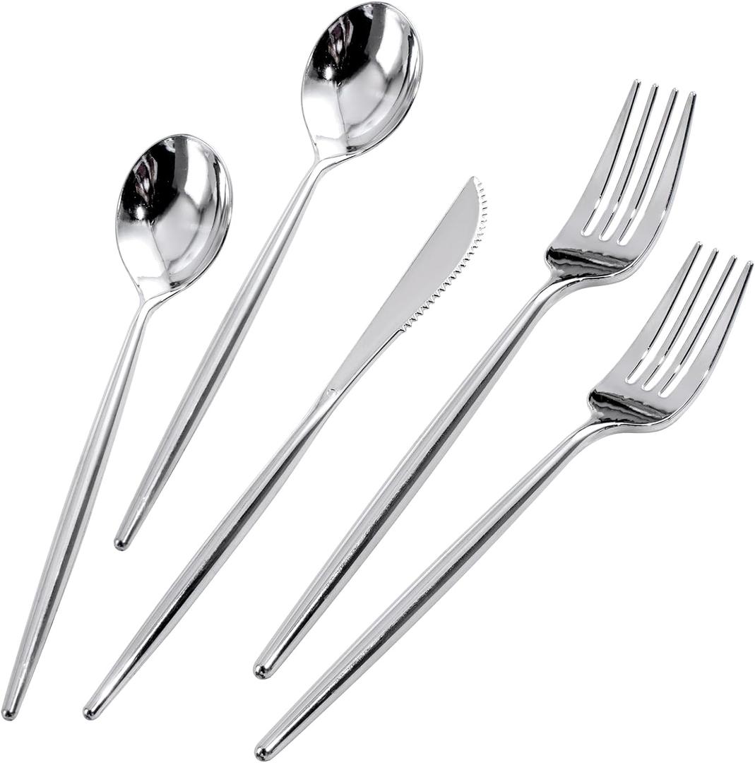 Rubtlamp 180 Pcs Silver Plastic Silverware, Silver Utensils Heavy Duty, Elegant Plastic Cutlery, Fancy Disposable Flatware, Forks Spoons and Knives Set For Party Mother's Day