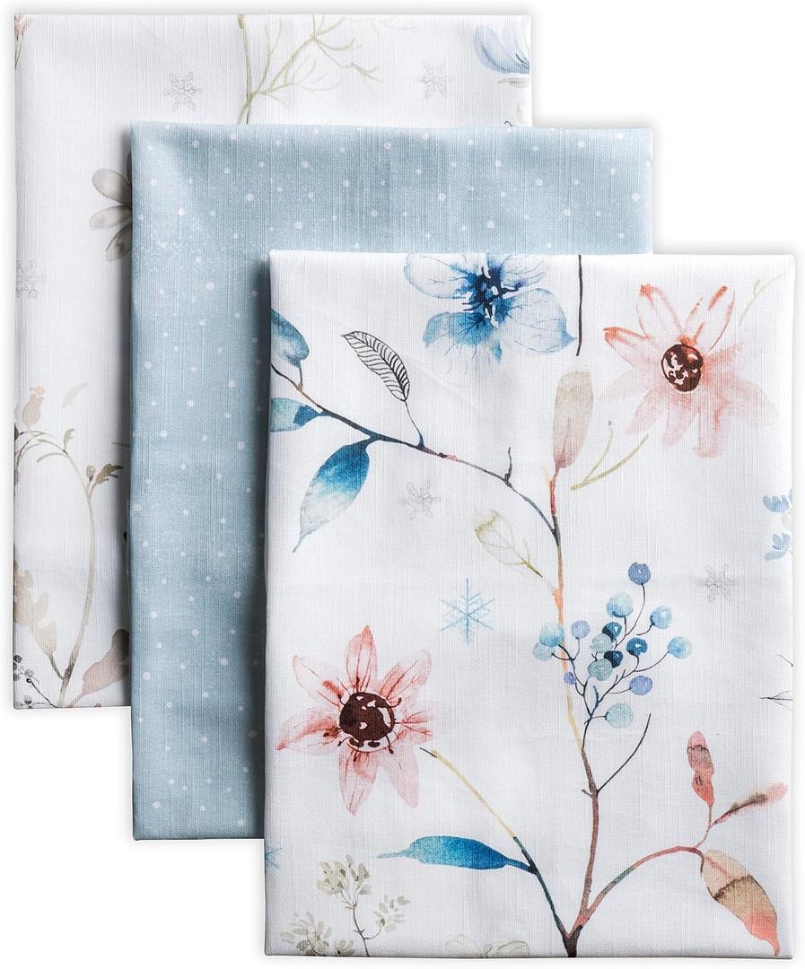 Maison d' Hermine Kitchen Towels Set of 3 100% Cotton 20" x 27.5" Reusable Cloth Tea Dish Towels Absorbent with Hanging Loop for Kitchen Dining Thanksgiving Christmas Decorations (Ice Florals)