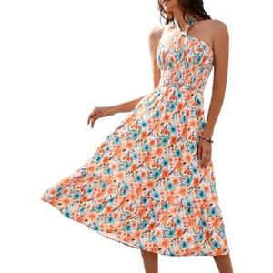 HomRain Summer Halter Dresses for Women 2025 Floral Maxi Dress with Sleeveless for Casual Flowy Boho Beach Wedding Large, Orange Blue Flower 