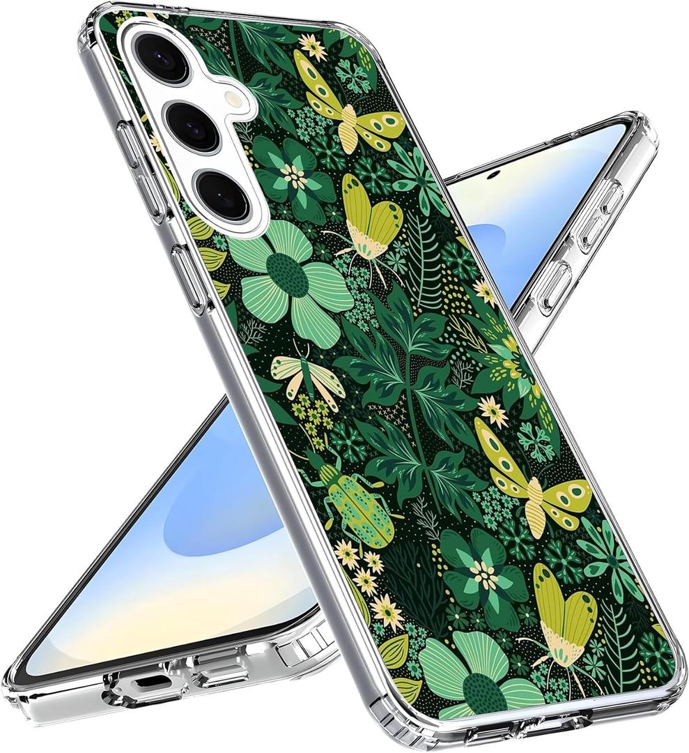 Compatible with Samsung Galaxy S25 Case - Nutral Green Plants Flowers Moth Insect Design Shockproof Soft TPU Cover Clear Case for Women Girls Boys Men