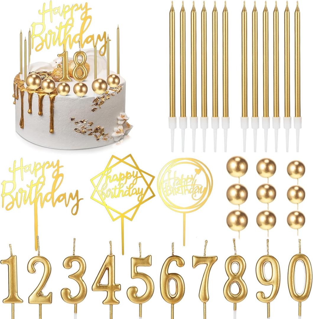 Yerliker 34 Pcs Happy Birthday Cake Toppers Decorations Birthday Candles DIY Cake Decor for Men Women Wedding Anniversary(Gold)