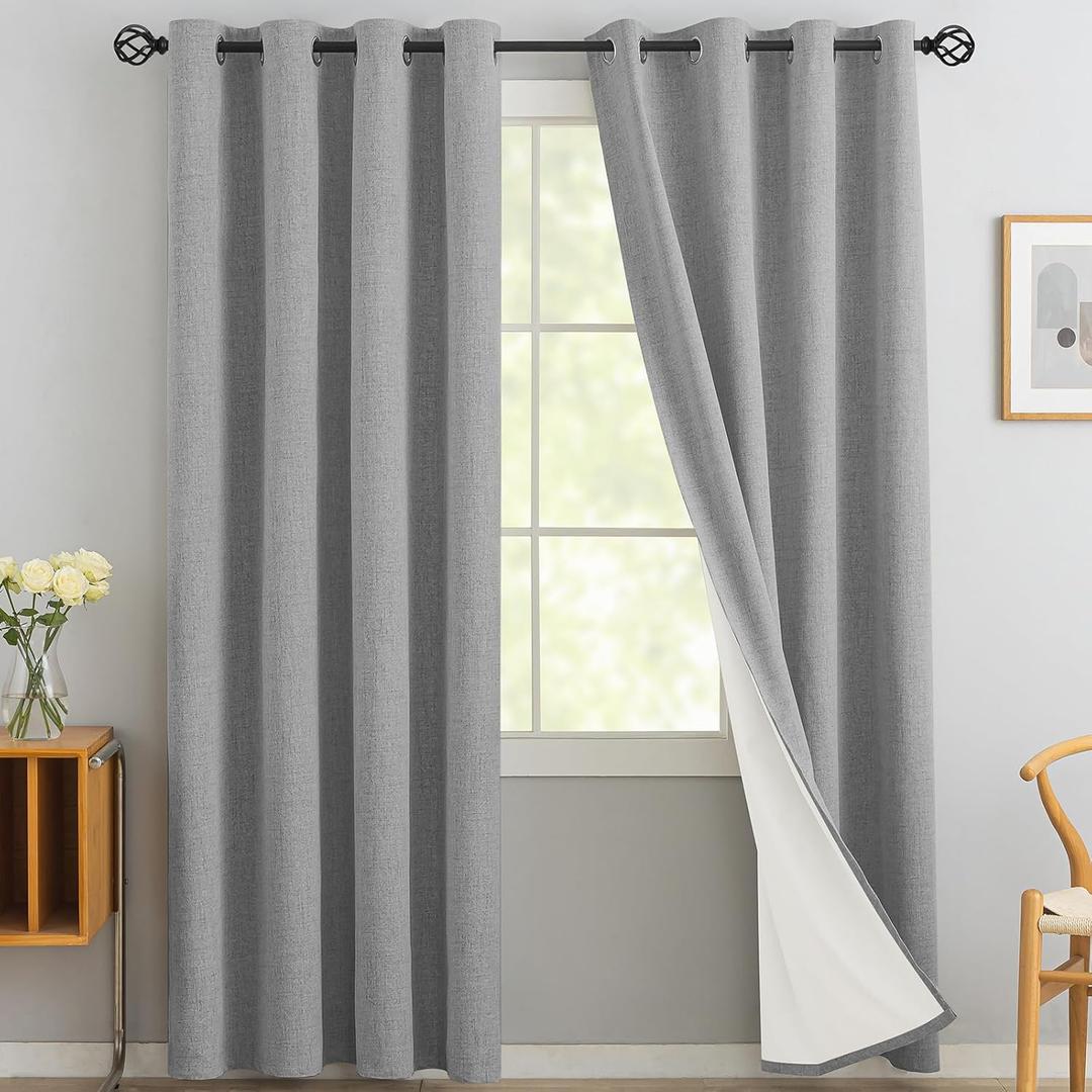 Yakamok Linen Dove Gray Curtains 100% Blackout 84 Inches Long,Room Darkening Textured Curtains for Living Room Thermal Grommet Bedroom Curtains 2 Panels with Greyish White Liner