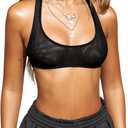 SweatyRocks Women's Sheer Mesh Racerback Sport Bra Sexy Soft Bralette Undershirt Halter Crop Top (Medium, Black)