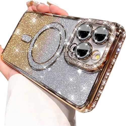 Changjia Magnetic Glitter Case for iPhone 16 Pro Max,[Compatible with MagSafe] Cute Luxury Bling Sparkly Diamond Rhinestones with Camera Protector TPU Clear Women Girls Case for iPhone 16 Pro Max,Gold
