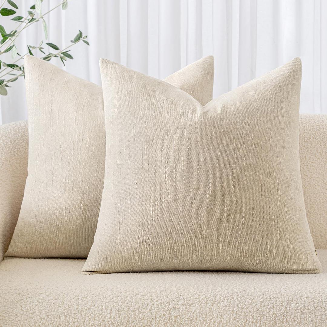 MIULEE Pack of 2 Decorative Throw Pillow Covers Soft Chenille Throw Pillows Solid Textured Cushion Covers for Couch Sofa Bedroom Living Room 18x18 Inch, Light Beige