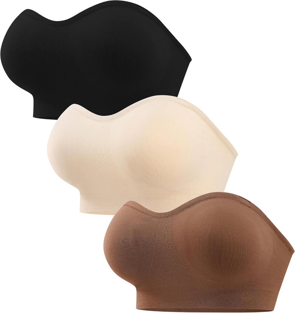 ANGOOL Strapless Bras for Women Wirefree Non-Slip Tube Top Invisible Bralette Seamless Padded Bandeau Bra (Large, Black+beige+brown)