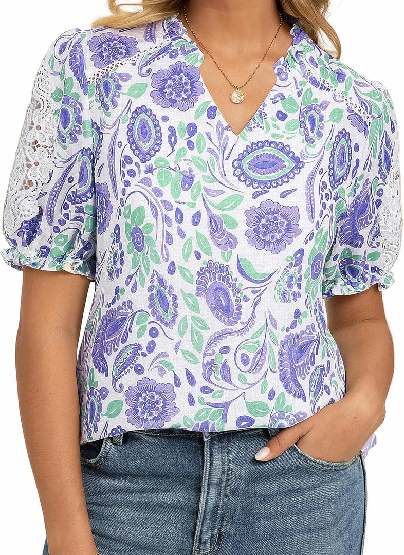 GRACE KARIN Women Boho Floral Tops, Summer Short Sleeve Shirts, V Neck Dressy Casual Blouse Work Printed 2026 Spring Trendy (Purple, M)