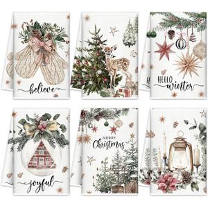 FuWeave Christmas Kitchen Towels Beige Xmas Tree Dishtowels Decorative Hello Winter Hand Towels Absorbent Gloves Ball Merry Christmas Tea Drying Cloth Xmas Decor for Kitchen Bathroom Farmhouse Gift