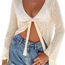 Arach&Cloz 2026 Spring Cover Up Fashion Bolero Shrugs for Women Linen Blend Summer Tie Front Sheer Mesh Tops Long Sleeves Soft Beach Short Cardigan for Bathing Suit Cute Cropped Clothes Apricot M