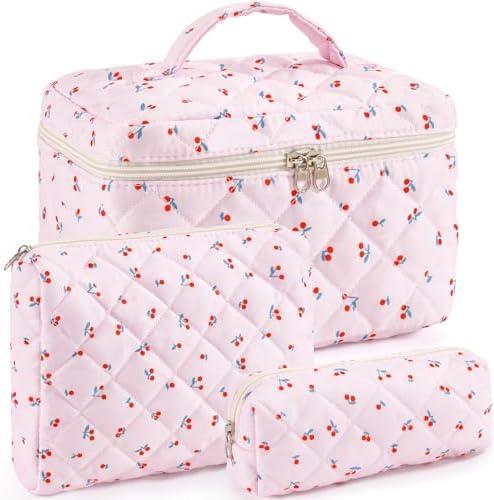 UUYUUY Makeup Bag for Women 3PCS Quilted Cotton Make Up Bag Travel Cosmetic Bag Large Makeup Bag Set Cute Makeups Organizer Floral Toiletry Pouch for Purse, Mini Cherry
