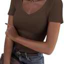 Roselux Women V Neck Ribbed Fitted Tight Tshirt Short Sleeve Shirt Basic Knit Top size XL