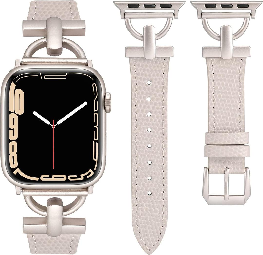 Wearlizer Leather Band Compatible with Apple Watch Bands Women 41mm 40mm 38mm 49mm 46mm 45mm 44mm 42mm, Fancy Dressy Strap for iWatch Series 11 10 9 8 7 6 5 4 3 SE/Ultra 3 2 1 (Lizard Starlight/Starlight)