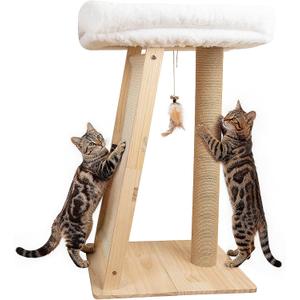 31.5" Cat Scratching Post, 3-in-1 Multifunctional Natural Pine Wood Cat Furniture, Tall Scratch Posts with Perch & Scratcher, Boxed with Hanging Bell Toy, Large