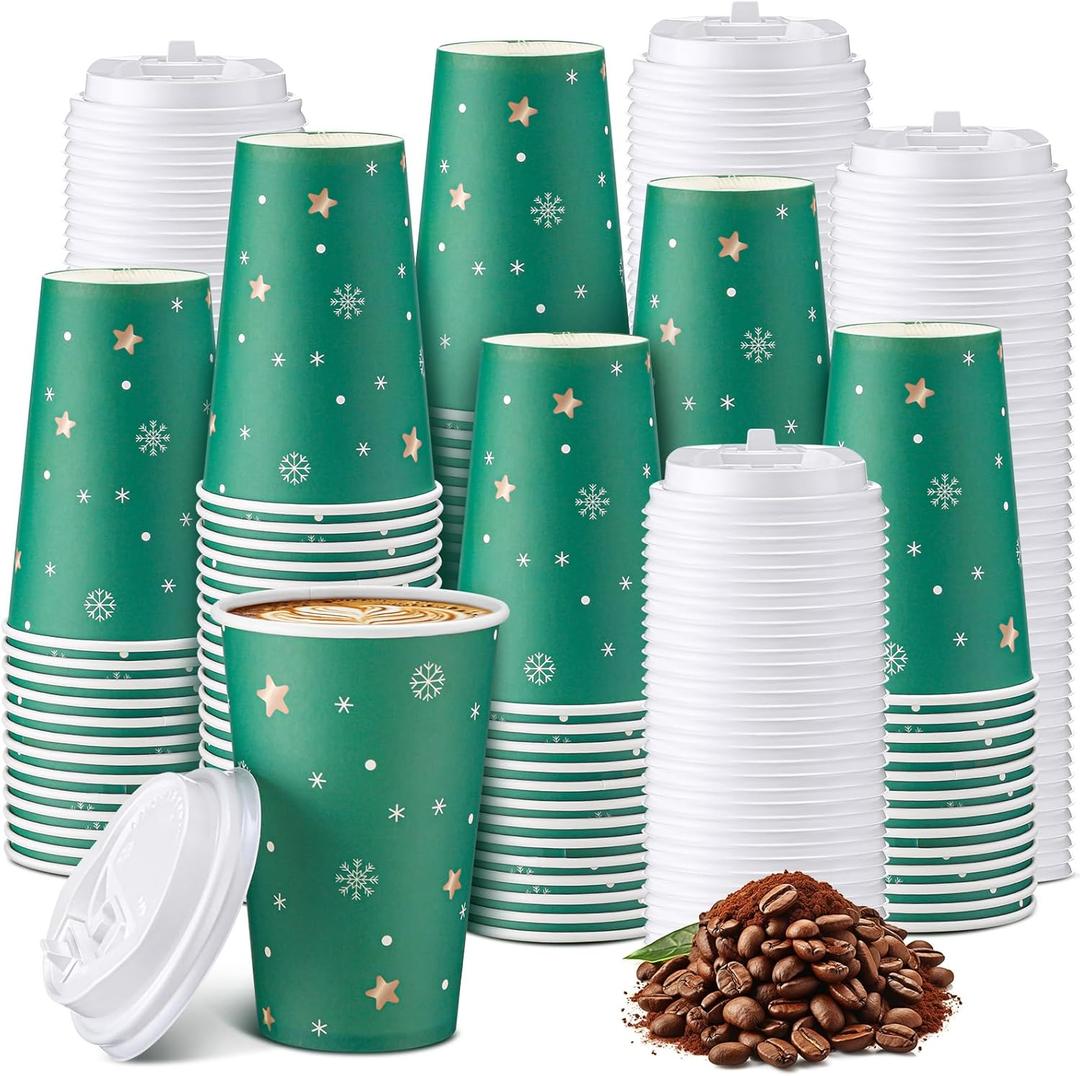 100 Set Christmas Paper Coffee Cups with Lids 12oz Winter Snowflake Green Disposable Paper Cups for Hot Chocolate Cold Drinks, Xmas Holiday Winter Party Supplies Decorations