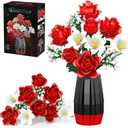Rose Flowers Bouquet Building Set with Vase Included, 1077 PCS Artificial Flowers Botanical Collection Kit for Adults Women Men & Teen Girl, Gifts for Birthday Valentine's Day Mom Her Wife Girlfriend