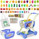Kids Shopping Cart  2 in 1 Toy Shopping Cart with Play Food Fruit Vegetable Dessert and Shop Accessories, 72pcs Pretend Play Grocery Store Toy Kitchen Game Trolley Play Set for Kids (Blue)