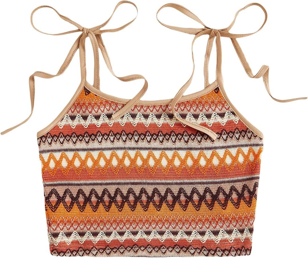 SOLY HUX Women's Boho Y2k Crop Top Camisole Tie Shoulder Spaghetti Strap Summer Cami Tops (S)