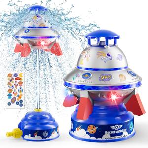 UFO Water Sprinkler for Kids, Water Rocket Toy Outdoor Summer Play W/Light & Spin, Adjustable Height Water Launcher, DIY Space Sticker, Backyard Lawn Gift for Girls Boys 3-12 Year Old Blue