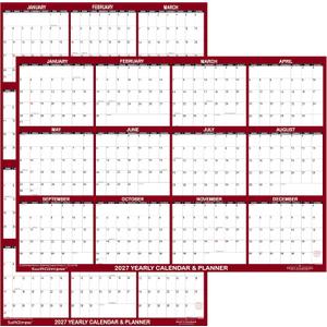 24" x 36" SwiftGlimpse 2027 Wall Calendar Erasable Large Wet & Dry Erase Laminated 12 Month Annual Yearly Wall Planner, Reversible, Horizontal/Vertical, Burgundy