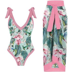 Women's One Piece Swimsuit with Beach Cover up Wrap Skirt Sarong Retro Floral Print Bikini Set Two Piece Bathing Suit (M, Pink + Green Floral)