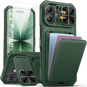 SSLOTSCASE for iPhone 17 Case with 2X Glass Screen Protector, HD Clarity Anti-Scratch, Card Holder & Kickstand & Slide Lens Cover, Rugged Sturdy Hard Women Men Phone Cover for iPhone 17 6.3'', Green