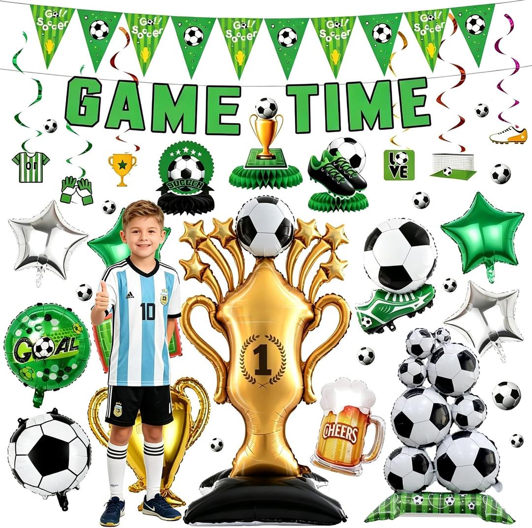 SnapVibe Soccer Party Decorations Kit - 23 Pcs: World Cup & Soccer Birthday Party Supplies with Balloons, Banner, Swirl Streamers & Honeycomb Balls - Table Centerpiece Set for Soccer Game Day