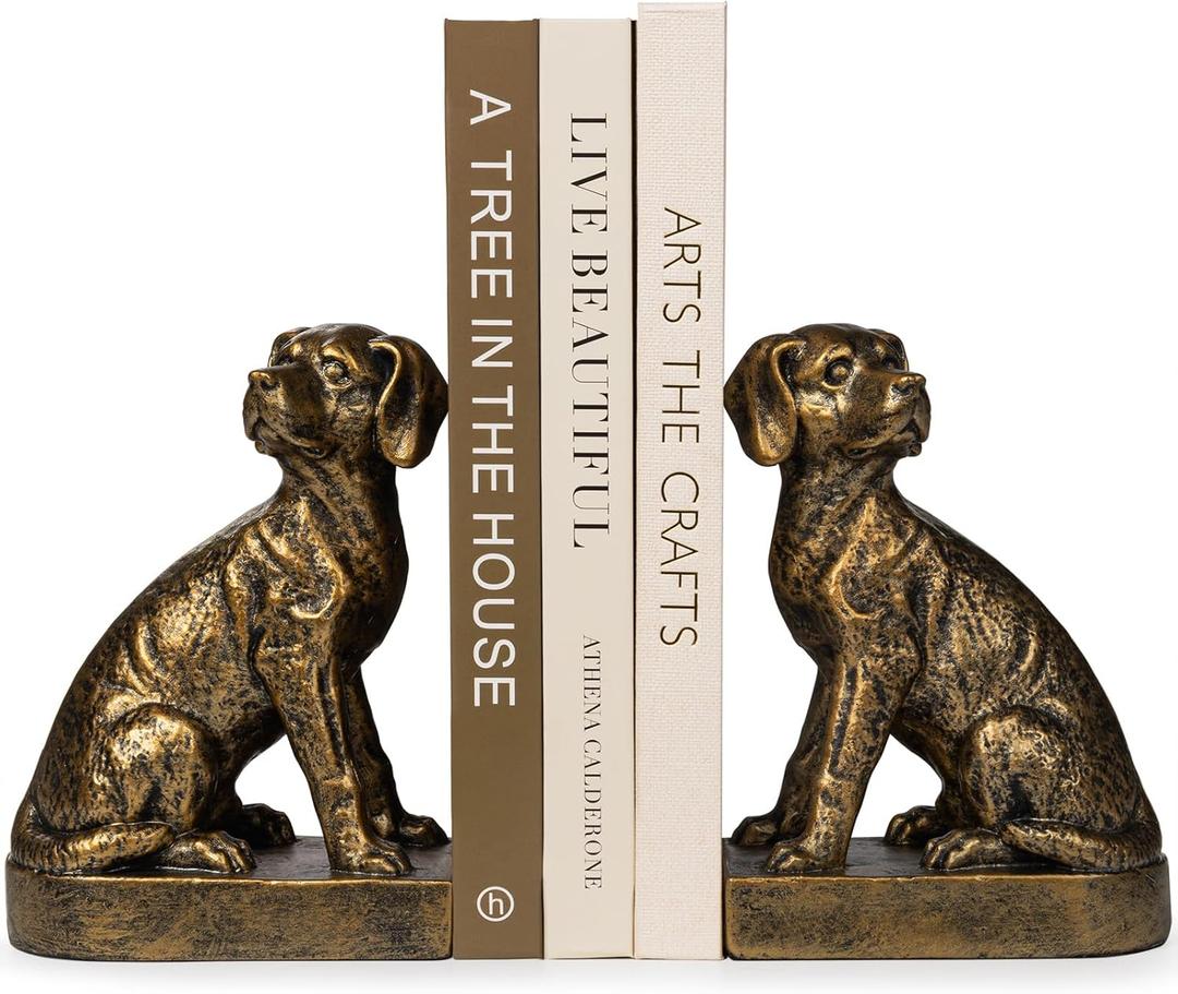 Decorative Bookends for Shelves, Dog Book Ends for Heavy Books, Labrador Retriever Statues Bookends for Heavy Books with Anti-Slip Base Book Holders for Home Office Decor (Gold)