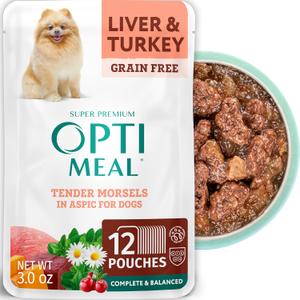 Optimeal Wet Dog Food Pouches - Grain Free Liver & Turkey Recipe, High Protein, Tender Morsels in Aspic Made with Natural Ingredients for Adult Dogs, Premium Nutrition - 3 oz, Pack of 12, Best Before: 07/NOV/2026