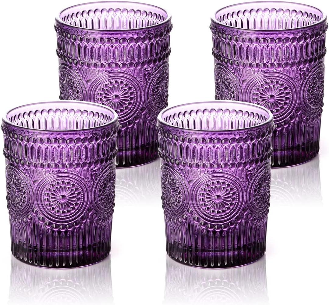 4 Pack Romantic Water Glasses-10.5 OZ Purple Vintage Drinking Glasses Tumblers for Whisky, Beer, Juice, Beverages, Cocktail
