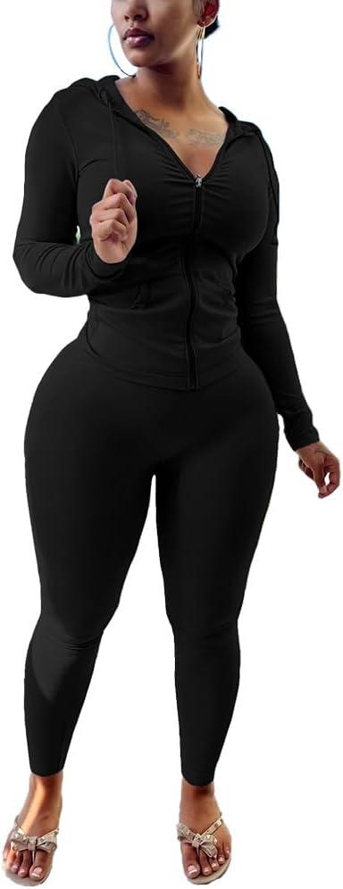 Nimsruc Two Piece Outfits For Women Long Sleeve Bodycon Tracksuit Casual Sweatsuits Jogger Sets (Small, Black)