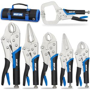 Rizom Vice Grips Pliers Set, 6-Piece Locking Pliers Set, 6-1/2, 9-1/2 Needle Nose Vice Grips, 5, 7 and 10 Curved Jaw Vise Grip, 6 C-clamp Locking Pliers, Fast Release with Rolling Pouch