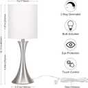 Touch Control Table Lamp, 3-Way Dimmable Bedside Lamp for Living Room, Modern Nightstand Lamp for Bedroom, Silver Table Lamp with White Shade, Desk Lamp for Dorm, Home, Office, 3000K LED Bulb Included