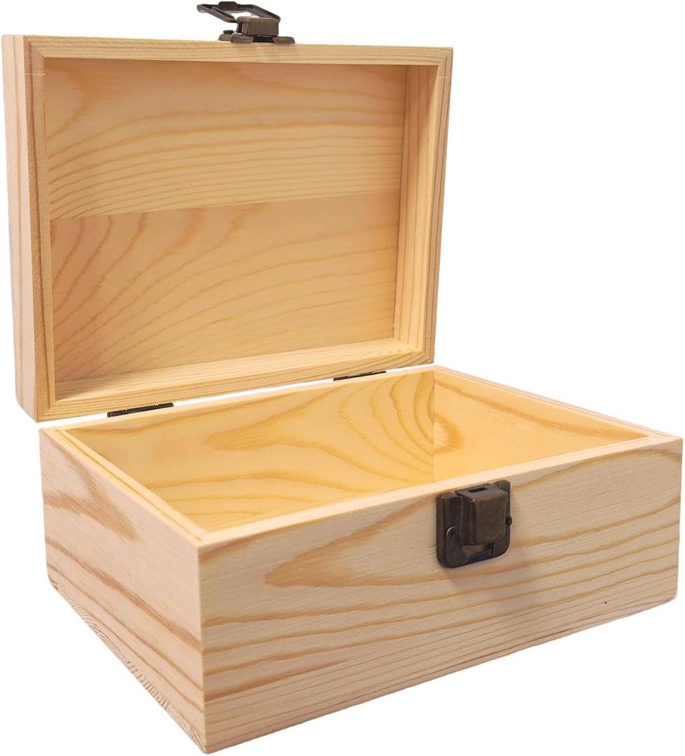Small Unfinished Wooden Storage Box with Lid & Latch, Pine Wood Craft Box 6.88" x 4.52" x 2.36", Smooth Sanded Wood for DIY Crafts, Keepsakes & Gift Packaging